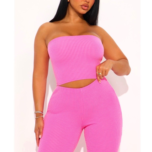 Fashion Nova Pants - Fashion Nova Barbiecore Hot Pink Ribbed Tube Top Wide Leg Pants Matching Set L